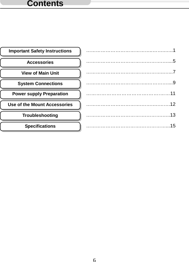   6                              Contents Important Safety InstructionsAccessories System ConnectionsView of Main UnitPower supply PreparationUse of the Mount AccessoriesTroubleshootingSpecifications …………………………………..……..…..1……………………………….……….…....5……………………………….………..…...7………………………………..…………....9……………………………….…….……11…………………………….…….….…….12……………………………….……….…..13…………………………….……………...15