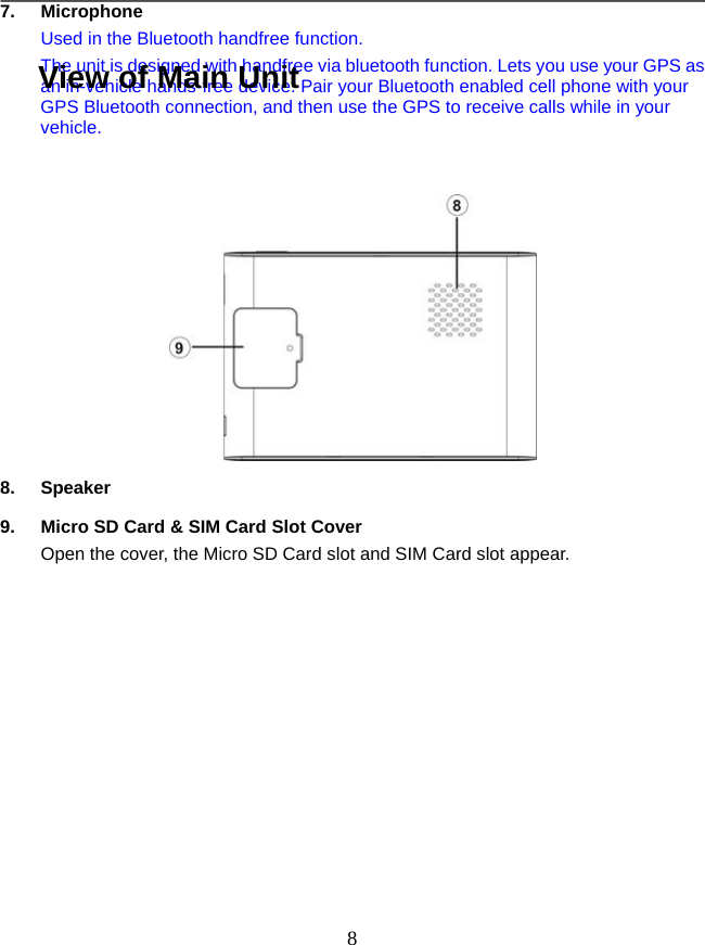   87. Microphone  Used in the Bluetooth handfree function. The unit is designed with handfree via bluetooth function. Lets you use your GPS as an in-vehicle hands-free device. Pair your Bluetooth enabled cell phone with your GPS Bluetooth connection, and then use the GPS to receive calls while in your vehicle.     8. Speaker 9.  Micro SD Card &amp; SIM Card Slot Cover Open the cover, the Micro SD Card slot and SIM Card slot appear.          View of Main Unit 