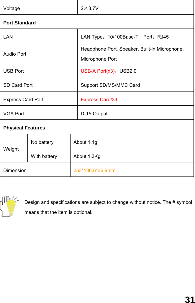  31   Design and specifications are subject to change without notice. The # symbol means that the item is optional.   Voltage 2×3.7V Port Standard LAN LAN Type：10/100Base-T  Port：RJ45  Audio Port Headphone Port, Speaker, Built-in Microphone, Microphone Port USB Port  USB-A Port(x3)，USB2.0 SD Card Port    Support SD/MS/MMC Card Express Card Port  Express Card/34 VGA Port  D-15 Output Physical Features No battery  About 1.1g Weight With battery  About 1.3Kg Dimension  253*186.6*36.9mm 