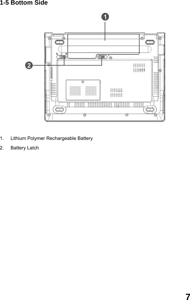  7 1-5 Bottom Side              1.  Lithium Polymer Rechargeable Battery 2. Battery Latch               