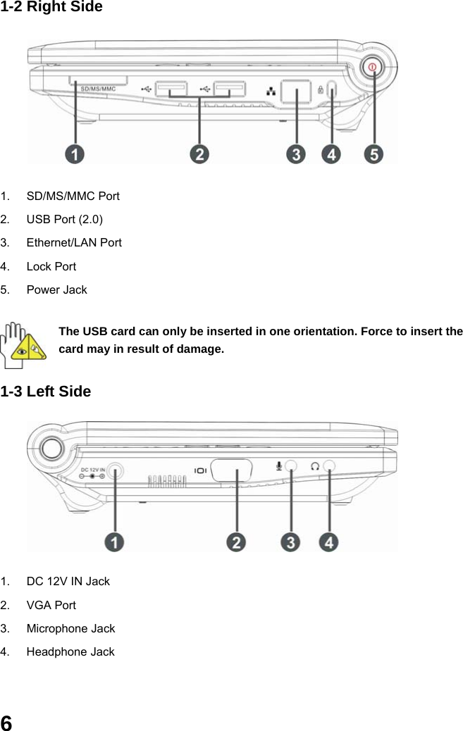  6 1-2 Right Side        1. SD/MS/MMC Port 2.  USB Port (2.0) 3. Ethernet/LAN Port  4. Lock Port 5. Power Jack  The USB card can only be inserted in one orientation. Force to insert the card may in result of damage.  1-3 Left Side        1.  DC 12V IN Jack 2. VGA Port  3. Microphone Jack 4. Headphone Jack   