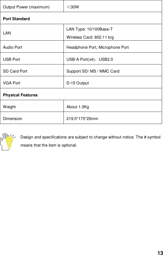  13 Output Power (maximum) ≤30W Port Standard LAN LAN Type: 10/100Base-T     Wireless Card: 802.11 b/g Audio Port Headphone Port, Microphone Port USB Port USB-A Port(x4)，USB2.0 SD Card Port   Support SD/ MS / MMC Card VGA Port D-15 Output Physical Features Weight About 1.0Kg Dimension 219.5*175*28mm  Design and specifications are subject to change without notice. The # symbol means that the item is optional.    