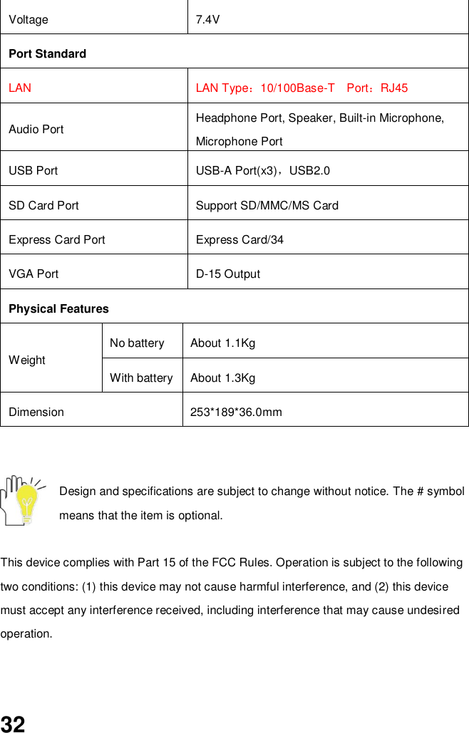  32   Design and specifications are subject to change without notice. The # symbol means that the item is optional.    This device complies with Part 15 of the FCC Rules. Operation is subject to the following two conditions: (1) this device may not cause harmful interference, and (2) this device must accept any interference received, including interference that may cause undesired operation. Voltage 7.4V Port Standard LAN LAN Type：10/100Base-T    Port：RJ45   Audio Port Headphone Port, Speaker, Built-in Microphone, Microphone Port USB Port USB-A Port(x3)，USB2.0 SD Card Port   Support SD/MMC/MS Card Express Card Port Express Card/34 VGA Port D-15 Output Physical Features Weight No battery About 1.1Kg With battery About 1.3Kg Dimension 253*189*36.0mm 