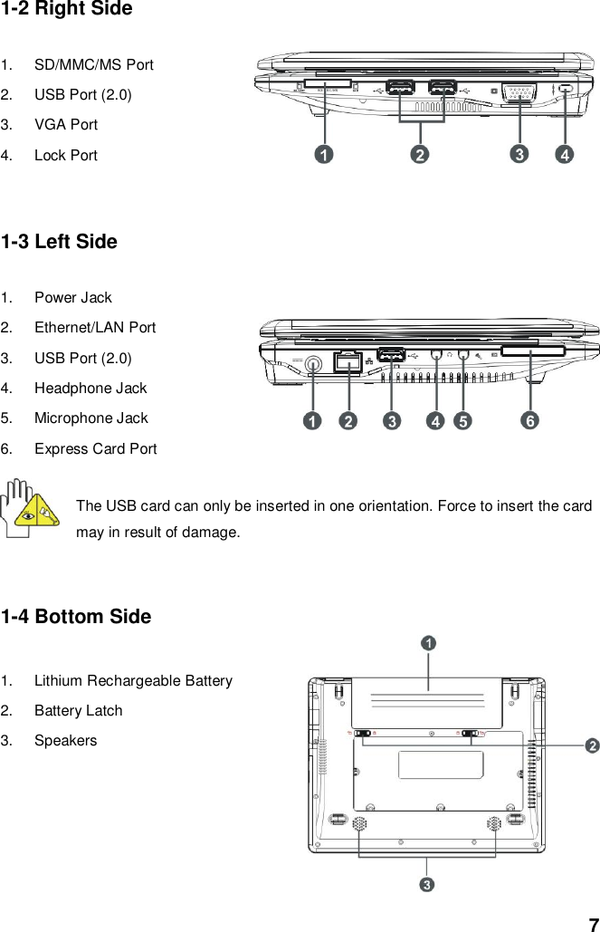  7 1-2 Right Side  1.  SD/MMC/MS Port 2.  USB Port (2.0) 3.  VGA Port 4.  Lock Port  1-3 Left Side  1.  Power Jack 2.  Ethernet/LAN Port 3.  USB Port (2.0) 4.  Headphone Jack   5.  Microphone Jack 6.  Express Card Port The USB card can only be inserted in one orientation. Force to insert the card may in result of damage.  1-4 Bottom Side  1.  Lithium Rechargeable Battery 2.  Battery Latch 3.  Speakers      