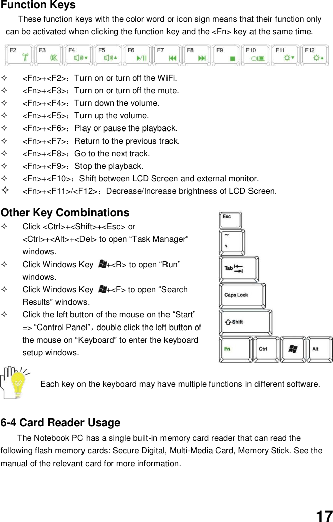  17 Function Keys These function keys with the color word or icon sign means that their function only can be activated when clicking the function key and the &lt;Fn&gt; key at the same time.     &lt;Fn&gt;+&lt;F2&gt;：Turn on or turn off the WiFi.   &lt;Fn&gt;+&lt;F3&gt;：Turn on or turn off the mute.   &lt;Fn&gt;+&lt;F4&gt;：Turn down the volume.   &lt;Fn&gt;+&lt;F5&gt;：Turn up the volume.   &lt;Fn&gt;+&lt;F6&gt;：Play or pause the playback.   &lt;Fn&gt;+&lt;F7&gt;：Return to the previous track.     &lt;Fn&gt;+&lt;F8&gt;：Go to the next track.   &lt;Fn&gt;+&lt;F9&gt;：Stop the playback.   &lt;Fn&gt;+&lt;F10&gt;：Shift between LCD Screen and external monitor.  &lt;Fn&gt;+&lt;F11&gt;/&lt;F12&gt;：Decrease/Increase brightness of LCD Screen.  Other Key Combinations   Click &lt;Ctrl&gt;+&lt;Shift&gt;+&lt;Esc&gt; or &lt;Ctrl&gt;+&lt;Alt&gt;+&lt;Del&gt; to open “Task Manager” windows.     Click Windows Key  +&lt;R&gt; to open “Run” windows.   Click Windows Key  +&lt;F&gt; to open “Search Results” windows.   Click the left button of the mouse on the “Start” =&gt; “Control Panel”，double click the left button of the mouse on “Keyboard” to enter the keyboard setup windows.   Each key on the keyboard may have multiple functions in different software.     6-4 Card Reader Usage The Notebook PC has a single built-in memory card reader that can read the following flash memory cards: Secure Digital, Multi-Media Card, Memory Stick. See the manual of the relevant card for more information.  