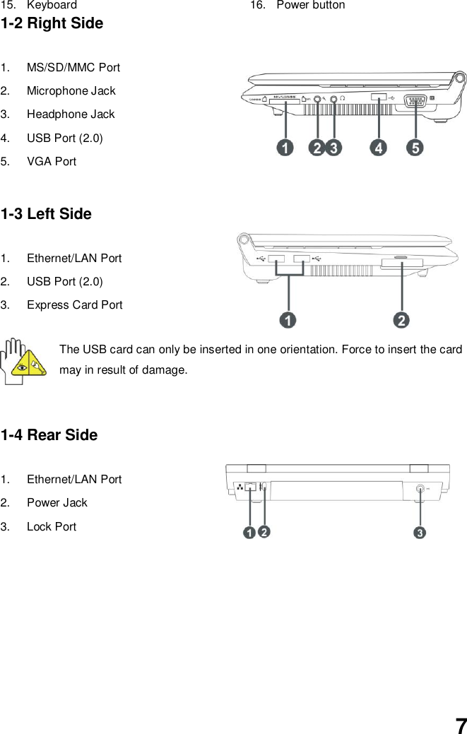  7 15.  Keyboard  16.  Power button 1-2 Right Side  1.  MS/SD/MMC Port 2.  Microphone Jack 3.  Headphone Jack 4.  USB Port (2.0) 5.  VGA Port   1-3 Left Side  1.  Ethernet/LAN Port 2.  USB Port (2.0) 3.  Express Card Port The USB card can only be inserted in one orientation. Force to insert the card may in result of damage.  1-4 Rear Side  1.  Ethernet/LAN Port 2.  Power Jack 3.  Lock Port      