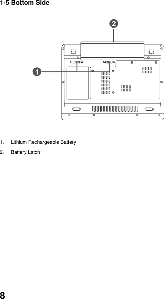  8  1-5 Bottom Side              1.  Lithium Rechargeable Battery 2.  Battery Latch              