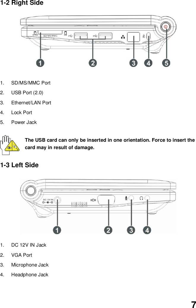  7 1-2 Right Side        1.  SD/MS/MMC Port 2.  USB Port (2.0) 3.  Ethernet/LAN Port   4.  Lock Port 5.  Power Jack  The USB card can only be inserted in one orientation. Force to insert the card may in result of damage.  1-3 Left Side        1.  DC 12V IN Jack 2.  VGA Port   3.  Microphone Jack 4.  Headphone Jack   