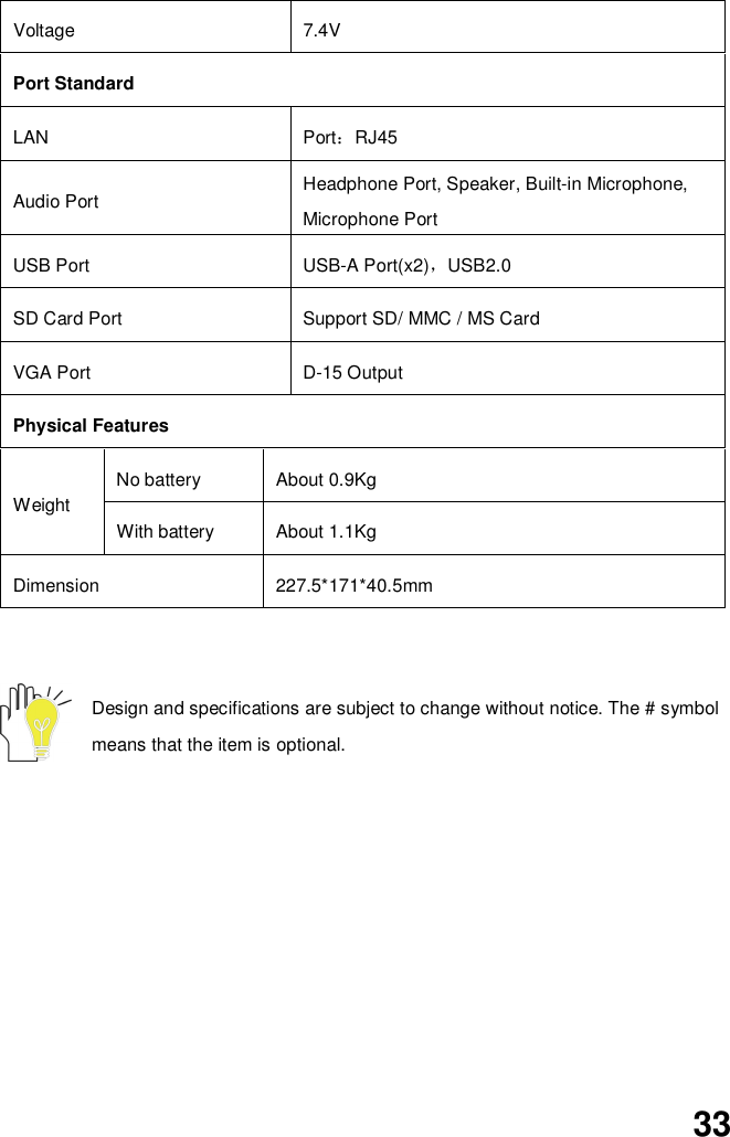 33Design and specifications are subject to change without notice. The # symbolmeans that the item is optional.Voltage 7.4VPort StandardLAN PortRJ45Audio Port Headphone Port, Speaker, Built-in Microphone,Microphone PortUSB Port USB-A Port(x2)USB2.0SD Card Port Support SD/ MMC / MS CardVGA Port D-15 OutputPhysical FeaturesWeightNo battery About 0.9KgWith battery About 1.1KgDimension 227.5*171*40.5mm