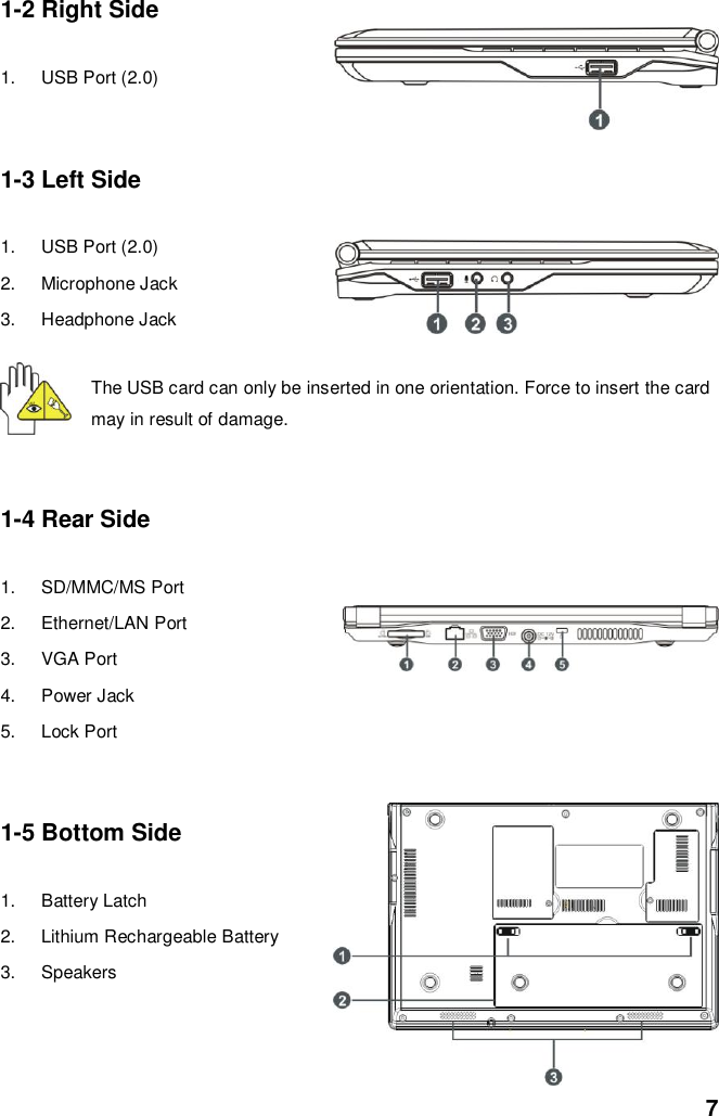  7 1-2 Right Side  1.  USB Port (2.0)   1-3 Left Side  1.  USB Port (2.0) 2.  Microphone Jack 3.  Headphone Jack The USB card can only be inserted in one orientation. Force to insert the card may in result of damage.  1-4 Rear Side  1.  SD/MMC/MS Port 2.  Ethernet/LAN Port 3.  VGA Port 4.  Power Jack 5. Lock Port   1-5 Bottom Side  1.  Battery Latch 2.  Lithium Rechargeable Battery 3.  Speakers    