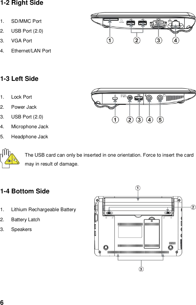  6 1-2 Right Side  1.  SD/MMC Port 2.  USB Port (2.0) 3.  VGA Port 4.  Ethernet/LAN Port   1-3 Left Side  1.  Lock Port 2.  Power Jack 3.  USB Port (2.0) 4.  Microphone Jack 5.  Headphone Jack The USB card can only be inserted in one orientation. Force to insert the card may in result of damage.  1-4 Bottom Side  1.  Lithium Rechargeable Battery 2.  Battery Latch 3.  Speakers       