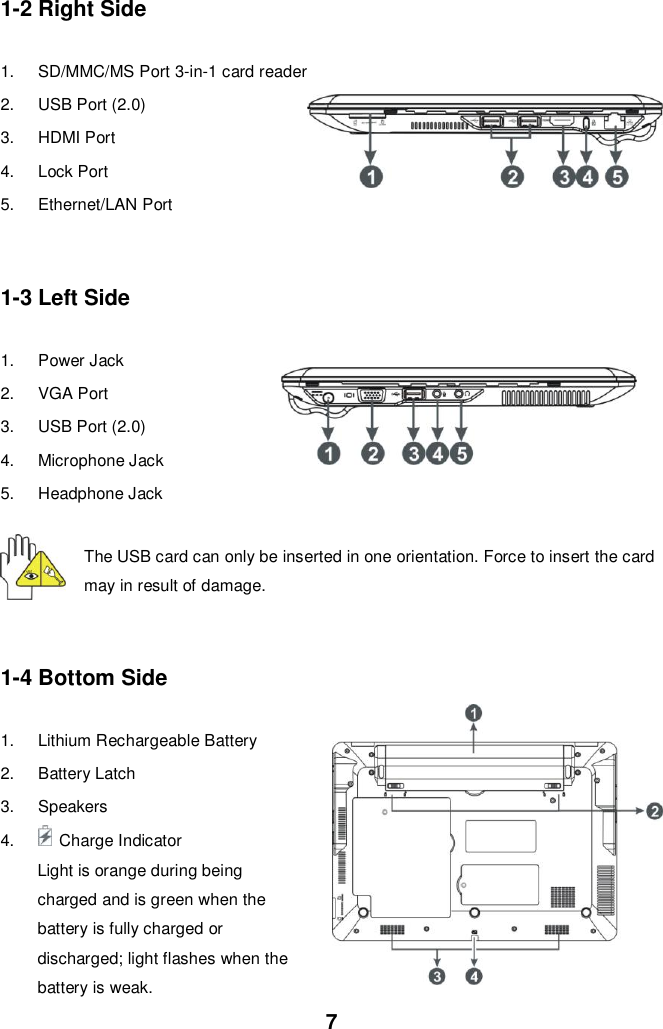  7 1-2 Right Side  1.  SD/MMC/MS Port 3-in-1 card reader 2.  USB Port (2.0) 3.  HDMI Port 4.  Lock Port 5.  Ethernet/LAN Port   1-3 Left Side  1.  Power Jack 2.  VGA Port 3.  USB Port (2.0) 4.  Microphone Jack 5.  Headphone Jack The USB card can only be inserted in one orientation. Force to insert the card may in result of damage.  1-4 Bottom Side  1.  Lithium Rechargeable Battery 2.  Battery Latch 3.  Speakers 4.    Charge Indicator Light is orange during being charged and is green when the battery is fully charged or discharged; light flashes when the battery is weak. 