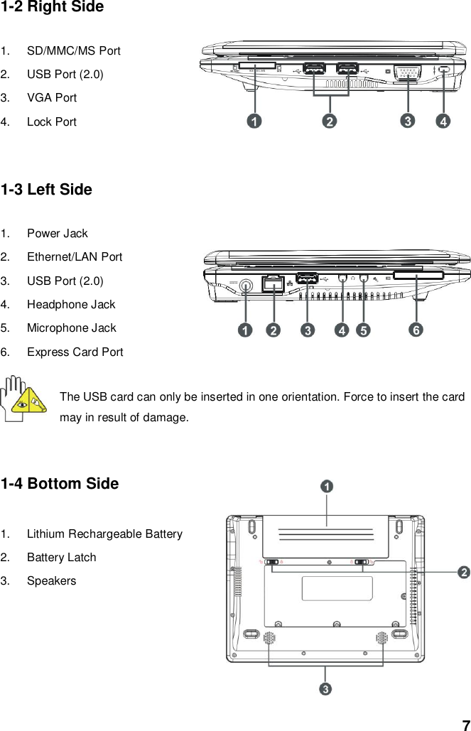  7 1-2 Right Side  1.  SD/MMC/MS Port 2.  USB Port (2.0) 3.  VGA Port 4.  Lock Port  1-3 Left Side  1.  Power Jack 2.  Ethernet/LAN Port 3.  USB Port (2.0) 4.  Headphone Jack   5.  Microphone Jack 6.  Express Card Port The USB card can only be inserted in one orientation. Force to insert the card may in result of damage.  1-4 Bottom Side  1.  Lithium Rechargeable Battery 2.  Battery Latch 3.  Speakers      