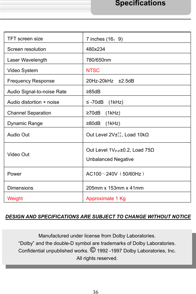   36       TFT screen size  7 inches (16：9) Screen resolution  480x234 Laser Wavelength  780/650nm Video System  NTSC Frequency Response  20Hz-20kHz  ±2.5dB Audio Signal-to-noise Rate  ≥85dB Audio distortion + noise  ≤ -70dB  (1kHz) Channel Separation  ≥70dB  (1kHz) Dynamic Range  ≥80dB  (1kHz) Audio Out  Out Level 2V±0.2 1.0 , Load 10kΩ Video Out Out Level 1VP-P±0.2, Load 75Ω Unbalanced Negative Power AC100～240V（50/60Hz） Dimensions  205mm x 153mm x 41mm Weight  Approximate 1 Kg   DESIGN AND SPECIFICATIONS ARE SUBJECT TO CHANGE WITHOUT NOTICE                                                                                        Specifications Manufactured under license from Dolby Laboratories. “Dolby” and the double-D symbol are trademarks of Dolby Laboratories. Confidential unpublished works. © 1992 -1997 Dolby Laboratories, Inc. All rights reserved. 