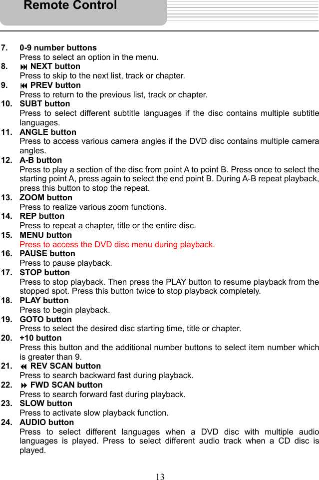   13   7.  0-9 number buttons Press to select an option in the menu. 8.   NEXT button Press to skip to the next list, track or chapter. 9.   PREV button Press to return to the previous list, track or chapter. 10. SUBT button Press to select different subtitle languages if the disc contains multiple subtitle languages. 11. ANGLE button Press to access various camera angles if the DVD disc contains multiple camera angles. 12. A-B button Press to play a section of the disc from point A to point B. Press once to select the starting point A, press again to select the end point B. During A-B repeat playback, press this button to stop the repeat. 13. ZOOM button Press to realize various zoom functions. 14. REP button Press to repeat a chapter, title or the entire disc. 15. MENU button Press to access the DVD disc menu during playback. 16. PAUSE button Press to pause playback. 17. STOP button Press to stop playback. Then press the PLAY button to resume playback from the stopped spot. Press this button twice to stop playback completely. 18. PLAY button Press to begin playback. 19. GOTO button Press to select the desired disc starting time, title or chapter. 20. +10 button Press this button and the additional number buttons to select item number which is greater than 9. 21.   REV SCAN button Press to search backward fast during playback. 22.   FWD SCAN button Press to search forward fast during playback. 23. SLOW button Press to activate slow playback function. 24. AUDIO button Press to select different languages when a DVD disc with multiple audio languages is played. Press to select different audio track when a CD disc is played.  Remote Control 