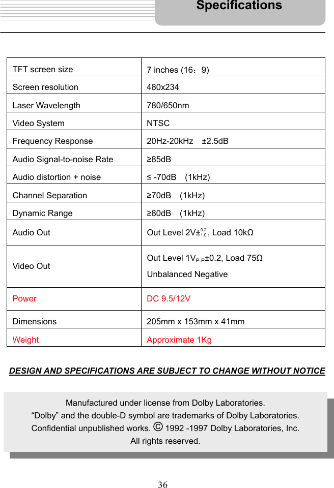   36     TFT screen size  7 inches (16：9) Screen resolution  480x234 Laser Wavelength  780/650nm Video System  NTSC Frequency Response  20Hz-20kHz  ±2.5dB Audio Signal-to-noise Rate  ≥85dB Audio distortion + noise  ≤ -70dB  (1kHz) Channel Separation  ≥70dB  (1kHz) Dynamic Range  ≥80dB  (1kHz) Audio Out  Out Level 2V±0.2 1.0 , Load 10kΩ Video Out Out Level 1VP-P±0.2, Load 75Ω Unbalanced Negative Power DC 9.5/12V Dimensions  205mm x 153mm x 41mm Weight Approximate 1Kg   DESIGN AND SPECIFICATIONS ARE SUBJECT TO CHANGE WITHOUT NOTICE                                                                                        Specifications Manufactured under license from Dolby Laboratories. “Dolby” and the double-D symbol are trademarks of Dolby Laboratories. Confidential unpublished works. © 1992 -1997 Dolby Laboratories, Inc. All rights reserved. 