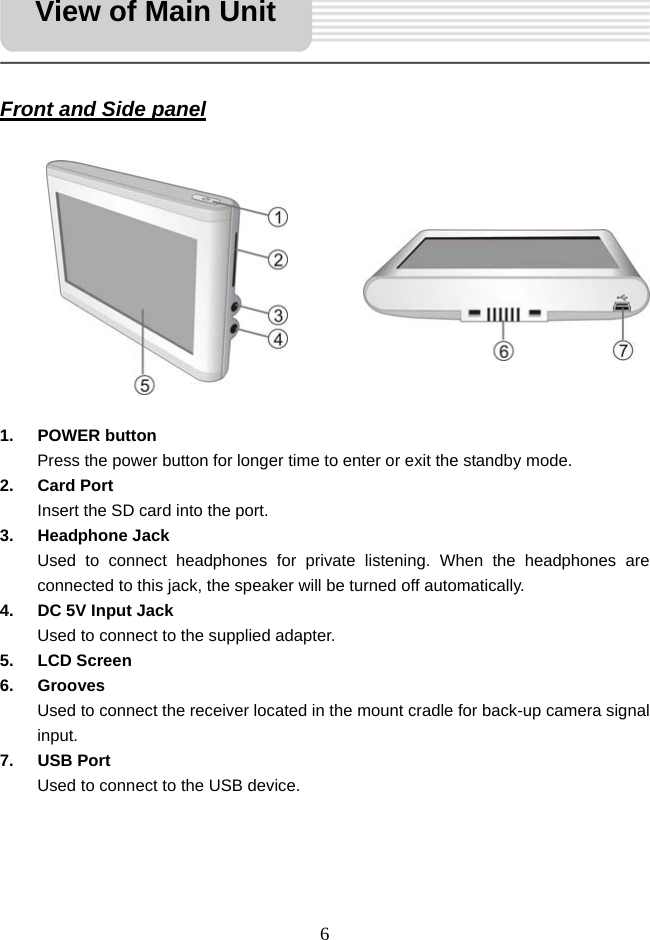   6      Front and Side panel             1. POWER button Press the power button for longer time to enter or exit the standby mode. 2. Card Port Insert the SD card into the port. 3. Headphone Jack Used to connect headphones for private listening. When the headphones are connected to this jack, the speaker will be turned off automatically. 4.  DC 5V Input Jack Used to connect to the supplied adapter. 5. LCD Screen 6. Grooves Used to connect the receiver located in the mount cradle for back-up camera signal input. 7. USB Port Used to connect to the USB device.       View of Main Unit 