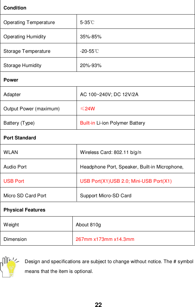 22ConditionOperating Temperature 5-35Operating Humidity 35%-85%Storage Temperature -20-55Storage Humidity 20%-93%PowerAdapter AC 100~240V; DC 12V/2AOutput Power (maximum) 24WBattery (Type) Built-in Li-ion Polymer BatteryPort StandardWLAN Wireless Card: 802.11 b/g/nAudio Port Headphone Port, Speaker, Built-in Microphone,USB Port USB Port(X1)USB 2.0; Mini-USB Port(X1)Micro SD Card Port Support Micro-SD CardPhysical FeaturesWeight About 810gDimension 267mm x173mm x14.3mmDesign and specifications are subject to change without notice. The # symbolmeans that the item is optional.