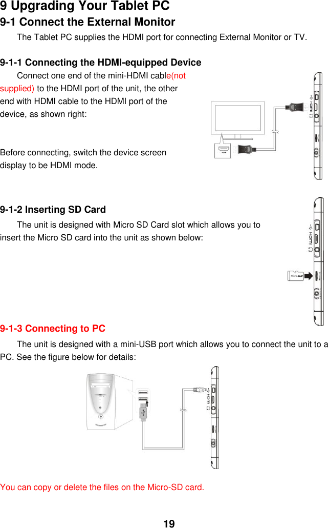  19 9 Upgrading Your Tablet PC 9-1 Connect the External Monitor The Tablet PC supplies the HDMI port for connecting External Monitor or TV.    9-1-1 Connecting the HDMI-equipped Device Connect one end of the mini-HDMI cable(not supplied) to the HDMI port of the unit, the other end with HDMI cable to the HDMI port of the device, as shown right:   Before connecting, switch the device screen display to be HDMI mode.    9-1-2 Inserting SD Card The unit is designed with Micro SD Card slot which allows you to insert the Micro SD card into the unit as shown below:        9-1-3 Connecting to PC The unit is designed with a mini-USB port which allows you to connect the unit to a PC. See the figure below for details:            You can copy or delete the files on the Micro-SD card.   