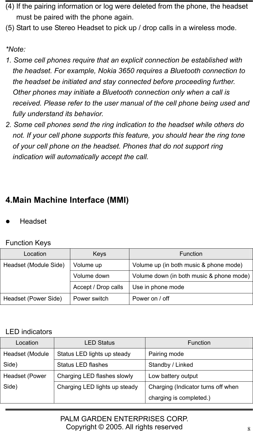  PALM GARDEN ENTERPRISES CORP. Copyright &copy; 2005. All rights reserved 8(4) If the pairing information or log were deleted from the phone, the headset must be paired with the phone again. (5) Start to use Stereo Headset to pick up / drop calls in a wireless mode.  *Note:  1. Some cell phones require that an explicit connection be established with the headset. For example, Nokia 3650 requires a Bluetooth connection to the headset be initiated and stay connected before proceeding further. Other phones may initiate a Bluetooth connection only when a call is received. Please refer to the user manual of the cell phone being used and fully understand its behavior. 2. Some cell phones send the ring indication to the headset while others do not. If your cell phone supports this feature, you should hear the ring tone of your cell phone on the headset. Phones that do not support ring indication will automatically accept the call.    4.Main Machine Interface (MMI)  z Headset   Function Keys Location  Keys  Function Volume up  Volume up (in both music &amp; phone mode)   Volume down  Volume down (in both music &amp; phone mode)Headset (Module Side) Accept / Drop calls  Use in phone mode Headset (Power Side)  Power switch  Power on / off   LED indicators Location  LED Status  Function Status LED lights up steady  Pairing mode Headset (Module Side)  Status LED flashes  Standby / Linked Charging LED flashes slowly  Low battery output Headset (Power Side)  Charging LED lights up steady  Charging (Indicator turns off when charging is completed.) 