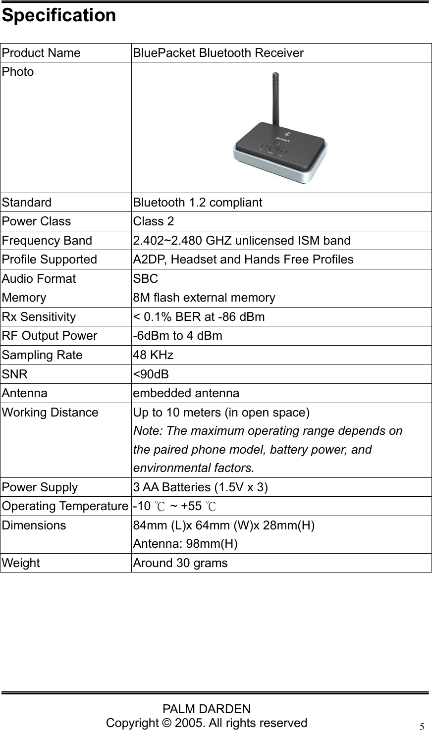                                 PALM DARDEN Copyright &copy; 2005. All rights reserved 5Specification Product Name  BluePacket Bluetooth Receiver Photo  Standard  Bluetooth 1.2 compliant Power Class  Class 2 Frequency Band  2.402~2.480 GHZ unlicensed ISM band Profile Supported  A2DP, Headset and Hands Free Profiles Audio Format  SBC Memory  8M flash external memory Rx Sensitivity  < 0.1% BER at -86 dBm RF Output Power  -6dBm to 4 dBm Sampling Rate  48 KHz SNR <90dB Antenna embedded antenna Working Distance  Up to 10 meters (in open space) Note: The maximum operating range depends on the paired phone model, battery power, and environmental factors. Power Supply  3 AA Batteries (1.5V x 3) Operating Temperature -10   ~ +55 ℃℃ Dimensions  84mm (L)x 64mm (W)x 28mm(H) Antenna: 98mm(H) Weight  Around 30 grams      