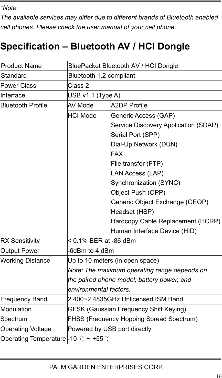   PALM GARDEN ENTERPRISES CORP.  16 *Note:  The available services may differ due to different brands of Bluetooth enabled cell phones. Please check the user manual of your cell phone. Specification &ndash; Bluetooth AV / HCI Dongle Product Name  BluePacket Bluetooth AV / HCI Dongle Standard  Bluetooth 1.2 compliant Power Class  Class 2 Interface  USB v1.1 (Type A) AV Mode  A2DP Profile Bluetooth Profile HCI Mode  Generic Access (GAP)   Service Discovery Application (SDAP) Serial Port (SPP)   Dial-Up Network (DUN)   FAX  File transfer (FTP) LAN Access (LAP) Synchronization (SYNC) Object Push (OPP)   Generic Object Exchange (GEOP) Headset (HSP) Hardcopy Cable Replacement (HCRP)Human Interface Device (HID) RX Sensitivity  < 0.1% BER at -86 dBm Output Power  -6dBm to 4 dBm Working Distance  Up to 10 meters (in open space) Note: The maximum operating range depends on the paired phone model, battery power, and environmental factors. Frequency Band  2.400~2.4835GHz Unlicensed ISM Band Modulation  GFSK (Gaussian Frequency Shift Keying) Spectrum FHSS (Frequency Hopping Spread Spectrum) Operating Voltage  Powered by USB port directly Operating Temperature -10   ~ +55 ℃℃ 