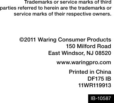 Page 11 of 11 - Waring Waring-Waring-Pro-Professional-Deep-Fryer-Df175-Users-Manual-  Waring-waring-pro-professional-deep-fryer-df175-users-manual
