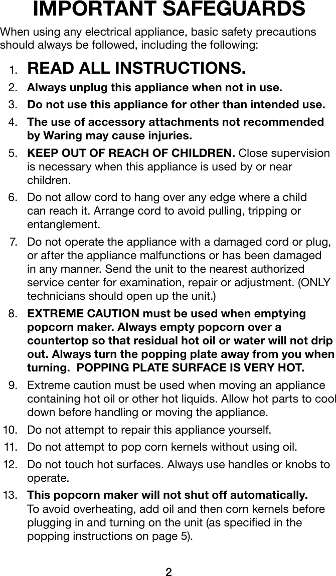 Page 2 of 8 - Waring Waring-Waring-Pro-Professional-Popcorn-Maker-Wpm10-Users-Manual- WPM10 Series Professional Popcorn Maker Instruction Booklet  Waring-waring-pro-professional-popcorn-maker-wpm10-users-manual