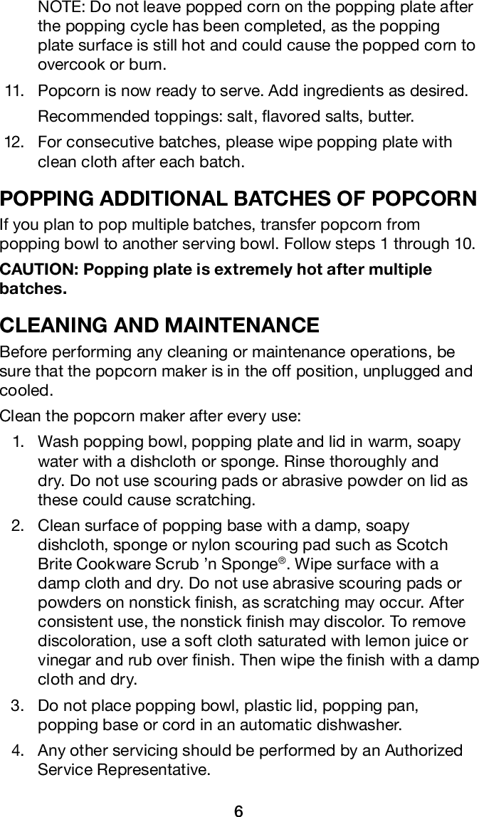 Page 7 of 8 - Waring Waring-Waring-Pro-Professional-Popcorn-Maker-Wpm10-Users-Manual- WPM10 Series Professional Popcorn Maker Instruction Booklet  Waring-waring-pro-professional-popcorn-maker-wpm10-users-manual