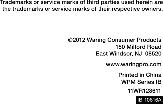 Page 8 of 8 - Waring Waring-Waring-Pro-Professional-Popcorn-Maker-Wpm10-Users-Manual- WPM10 Series Professional Popcorn Maker Instruction Booklet  Waring-waring-pro-professional-popcorn-maker-wpm10-users-manual