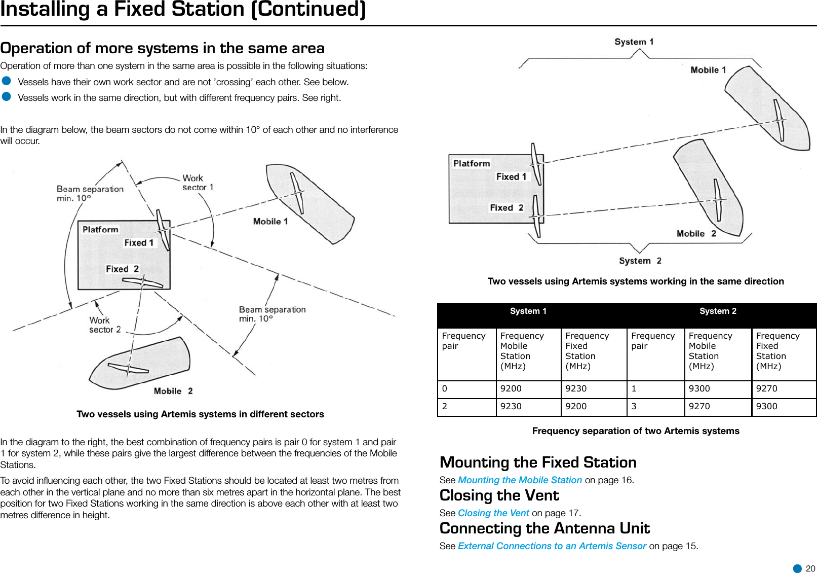 Operation of more systems in the same area Operation of more than one system in the same area is possible in the following situations:• Vessels have their own work sector and are not ’crossing’ each other. See below.• Vessels work in the same direction, but with different frequency pairs. See right.In the diagram below, the beam sectors do not come within 10° of each other and no interference will occur.Installing a Fixed Station (Continued)System 1  System 2Frequency pairFrequency Mobile Station (MHz)Frequency Fixed Station (MHz)Frequency pairFrequencyMobile Station (MHz)Frequency Fixed Station (MHz)0 9200 9230 1 9300 92702 9230 9200 3 9270 9300In the diagram to the right, the best combination of frequency pairs is pair 0 for system 1 and pair 1 for system 2, while these pairs give the largest difference between the frequencies of the Mobile Stations. To avoid inﬂuencing each other, the two Fixed Stations should be located at least two metres from each other in the vertical plane and no more than six metres apart in the horizontal plane. The best position for two Fixed Stations working in the same direction is above each other with at least two metres difference in height.Two vessels using Artemis systems in different sectorsFrequency separation of two Artemis systemsMounting the Fixed StationSee Mounting the Mobile Station on page 16.Closing the VentSee Closing the Vent on page 17. Connecting the Antenna UnitSee External Connections to an Artemis Sensor on page 15.Two vessels using Artemis systems working in the same direction 20