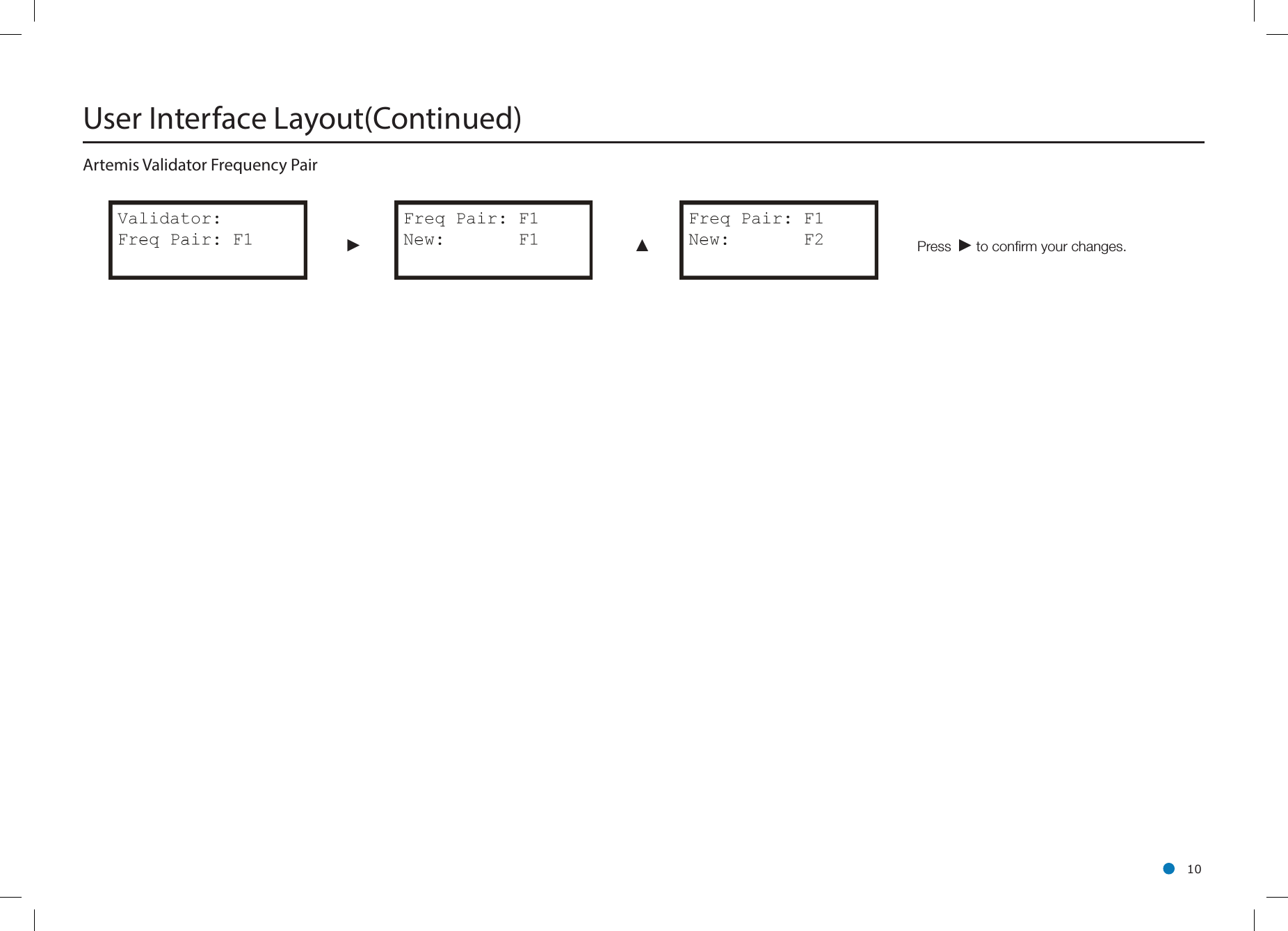 l 10User Interface Layout(Continued)Artemis Validator Frequency Pair ► ▲ Press ►to confirm your changes.