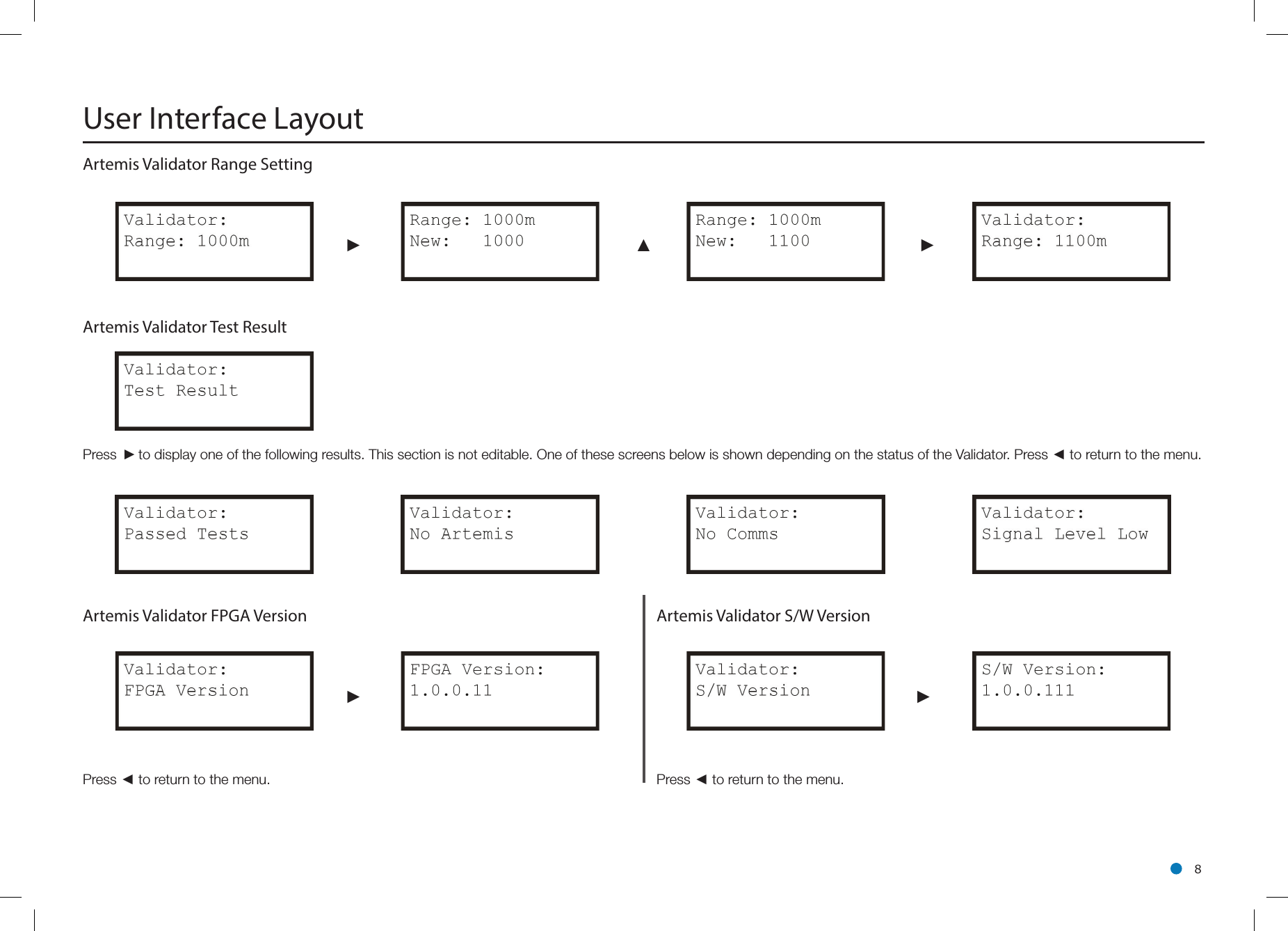 l 8Artemis Validator Range Setting ► ▲►Artemis Validator Test Result Press ►to display one of the following results. This section is not editable. One of these screens below is shown depending on the status of the Validator. Press ◄ to return to the menu. Artemis Validator FPGA Version Artemis Validator S/W Version ►►Press ◄ to return to the menu. Press ◄ to return to the menu.User Interface Layout