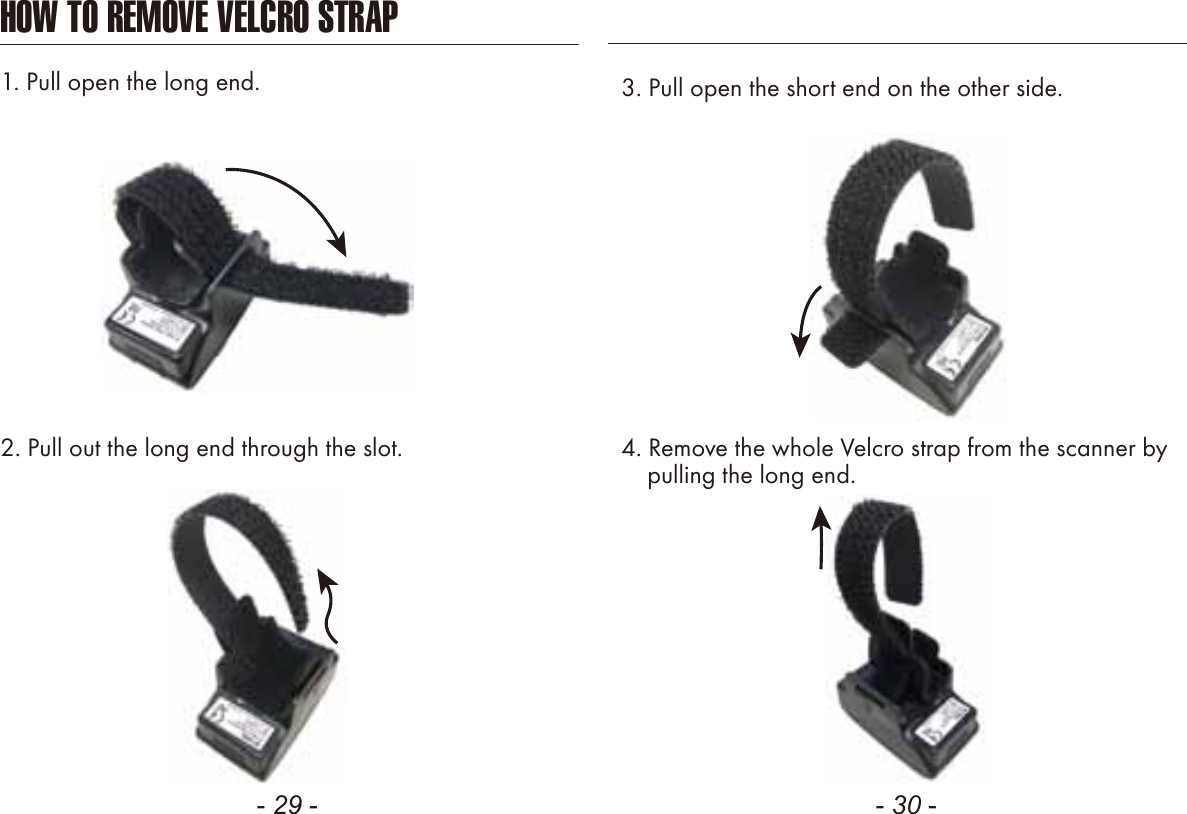 HOW TO REMOVE VELCRO STRAP- 29 - - 30 -2. Pull out the long end through the slot.1. Pull open the long end. 3. Pull open the short end on the other side.4. Remove the whole Velcro strap from the scanner by    pulling the long end.