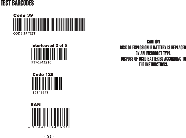 - 31 -CAUTIONRISK OF EXPLOSION IF BATTERY IS REPLACED BY AN INCORRECT TYPE.DISPOSE OF USED BATTERIES ACCORDING TOTHE INSTRUCTIONS.