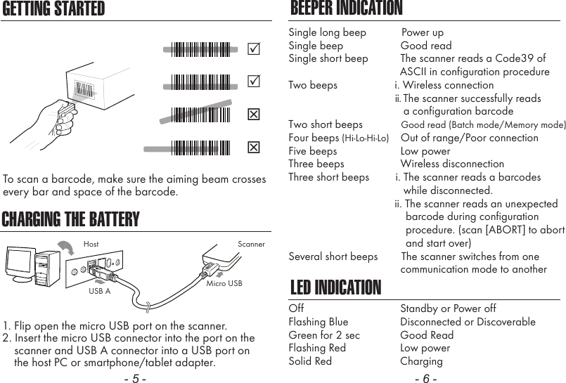 CHARGING THE BATTERY1. Flip open the micro USB port on the scanner.2. Insert the micro USB connector into the port on the    scanner and USB A connector into a USB port on    the host PC or smartphone/tablet adapter.- 5 - - 6 -BEEPER INDICATIONLED INDICATIONSingle long beep            Power upSingle beep               Good readSingle short beep           The scanner reads a Code39 of                                      ASCII in configuration procedureTwo beeps             i. Wireless connection                                             ii. The scanner successfully reads                a configuration barcodeTwo short beeps             Good read (Batch mode/Memory mode)Four beeps (Hi-Lo-Hi-Lo)    Out of range/Poor connectionFive beeps               Low powerThree beeps               Wireless disconnectionThree short beeps         i. The scanner reads a barcodes                while disconnected.                        ii. The scanner reads an unexpected                                        barcode during configuration                                        procedure. (scan [ABORT] to abort                                        and start over)Several short beeps        The scanner switches from one               communication mode to anotherOffFlashing BlueGreen for 2 secFlashing RedSolid RedStandby or Power offDisconnected or DiscoverableGood ReadLow powerChargingScannerMicro USBUSB AHostGETTING STARTEDTo scan a barcode, make sure the aiming beam crossesevery bar and space of the barcode.