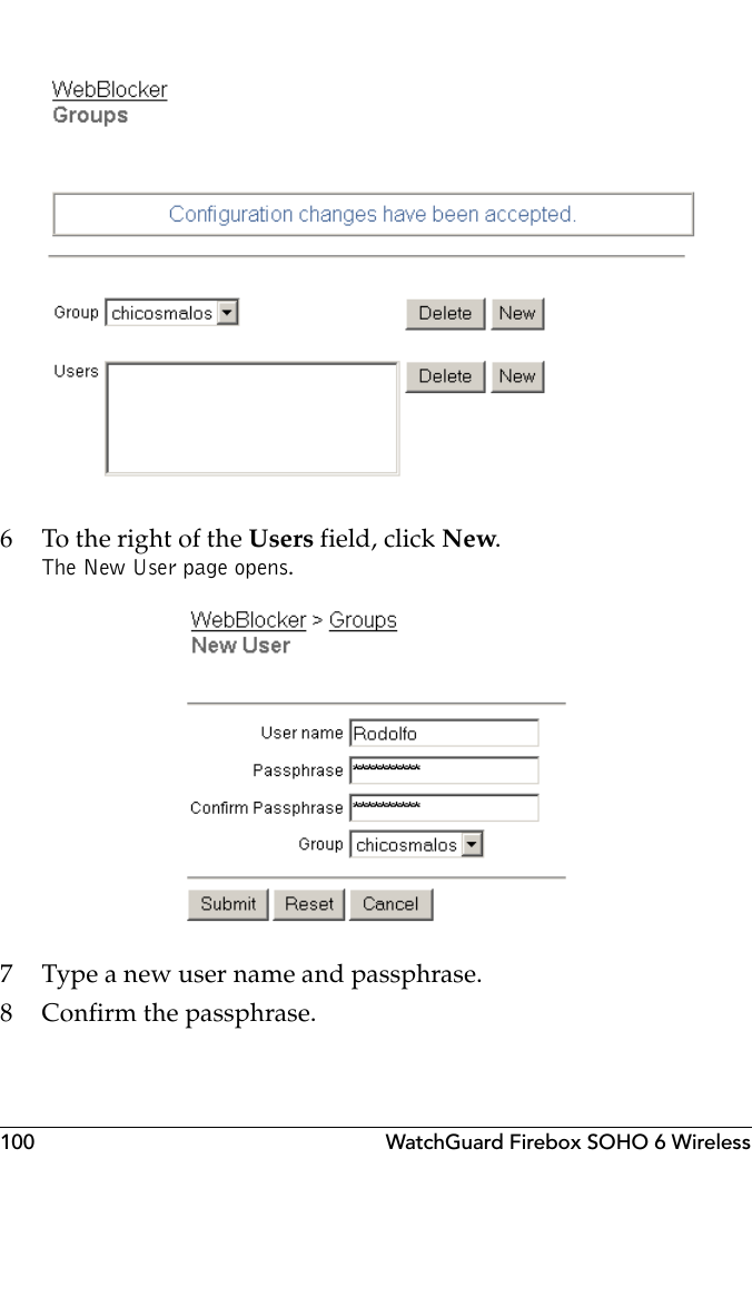 100 WatchGuard Firebox SOHO 6 Wireless6 To the right of the Users field, click New.The New User page opens.7 Type a new user name and passphrase.8 Confirm the passphrase.