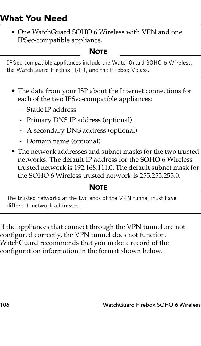 106 WatchGuard Firebox SOHO 6 WirelessWhat You Need• One WatchGuard SOHO 6 Wireless with VPN and one IPSec-compatible appliance.NOTEIPSec-compatible appliances include the WatchGuard SOHO 6 Wireless, the WatchGuard Firebox II/III, and the Firebox Vclass.• The data from your ISP about the Internet connections for each of the two IPSec-compatible appliances: - Static IP address - Primary DNS IP address (optional) - A secondary DNS address (optional) - Domain name (optional)• The network addresses and subnet masks for the two trusted networks. The default IP address for the SOHO 6 Wireless trusted network is 192.168.111.0. The default subnet mask for the SOHO 6 Wireless trusted network is 255.255.255.0.NOTEThe trusted networks at the two ends of the VPN tunnel must have different  network addresses.If the appliances that connect through the VPN tunnel are not configured correctly, the VPN tunnel does not function. WatchGuard recommends that you make a record of the configuration information in the format shown below.