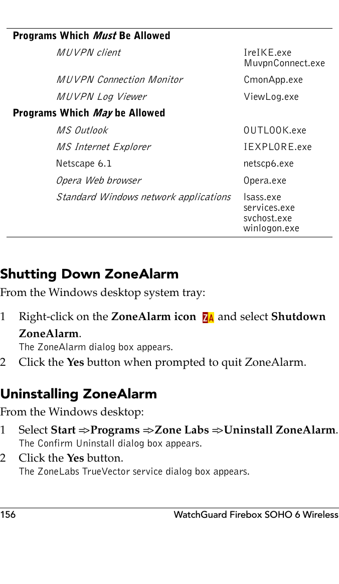 156 WatchGuard Firebox SOHO 6 WirelessShutting Down ZoneAlarmFrom the Windows desktop system tray:1Right-click on the ZoneAlarm icon and select Shutdown ZoneAlarm.The ZoneAlarm dialog box appears.2Click the Yes button when prompted to quit ZoneAlarm.Uninstalling ZoneAlarmFrom the Windows desktop:1 Select Start =&gt; Programs =&gt; Zone Labs =&gt; Uninstall ZoneAlarm.The Confirm Uninstall dialog box appears.2Click the Yes button.The ZoneLabs TrueVector service dialog box appears.Programs Which Must Be AllowedMUVPN clientIreIKE.exeMuvpnConnect.exeMUVPN Connection MonitorCmonApp.exeMUVPN Log ViewerViewLog.exePrograms Which May be AllowedMS OutlookOUTLOOK.exeMS Internet ExplorerIEXPLORE.exeNetscape 6.1 netscp6.exeOpera Web browserOpera.exeStandard Windows network applicationslsass.exeservices.exesvchost.exewinlogon.exe