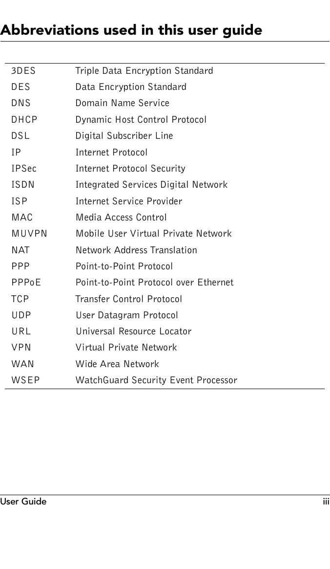 User Guide iiiAbbreviations used in this user guide3DES Triple Data Encryption StandardDES Data Encryption StandardDNS Domain Name ServiceDHCP Dynamic Host Control ProtocolDSL Digital Subscriber LineIP Internet ProtocolIPSec Internet Protocol SecurityISDN Integrated Services Digital NetworkISP Internet Service ProviderMAC Media Access ControlMUVPN Mobile User Virtual Private NetworkNAT Network Address TranslationPPP Point-to-Point ProtocolPPPoE Point-to-Point Protocol over EthernetTCP Transfer Control ProtocolUDP User Datagram ProtocolURL Universal Resource LocatorVPN Virtual Private NetworkWAN Wide Area NetworkWSEP WatchGuard Security Event Processor