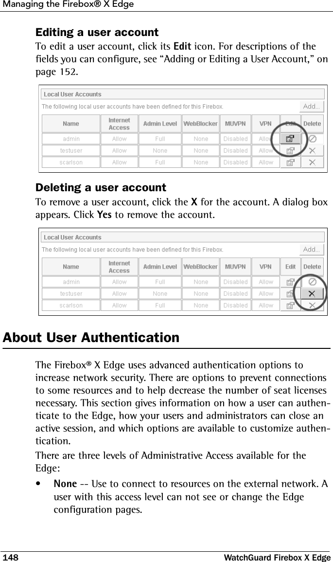 Managing the Firebox® X Edge148 WatchGuard Firebox X EdgeEditing a user accountTo edit a user account, click its Edit icon. For descriptions of the fields you can configure, see “Adding or Editing a User Account,” on page 152.Deleting a user accountTo remove a user account, click the X for the account. A dialog box appears. Click Yes to remove the account.  About User AuthenticationThe Firebox® X Edge uses advanced authentication options to increase network security. There are options to prevent connections to some resources and to help decrease the number of seat licenses necessary. This section gives information on how a user can authen-ticate to the Edge, how your users and administrators can close an active session, and which options are available to customize authen-tication.There are three levels of Administrative Access available for the Edge:•None -- Use to connect to resources on the external network. A user with this access level can not see or change the Edge configuration pages.