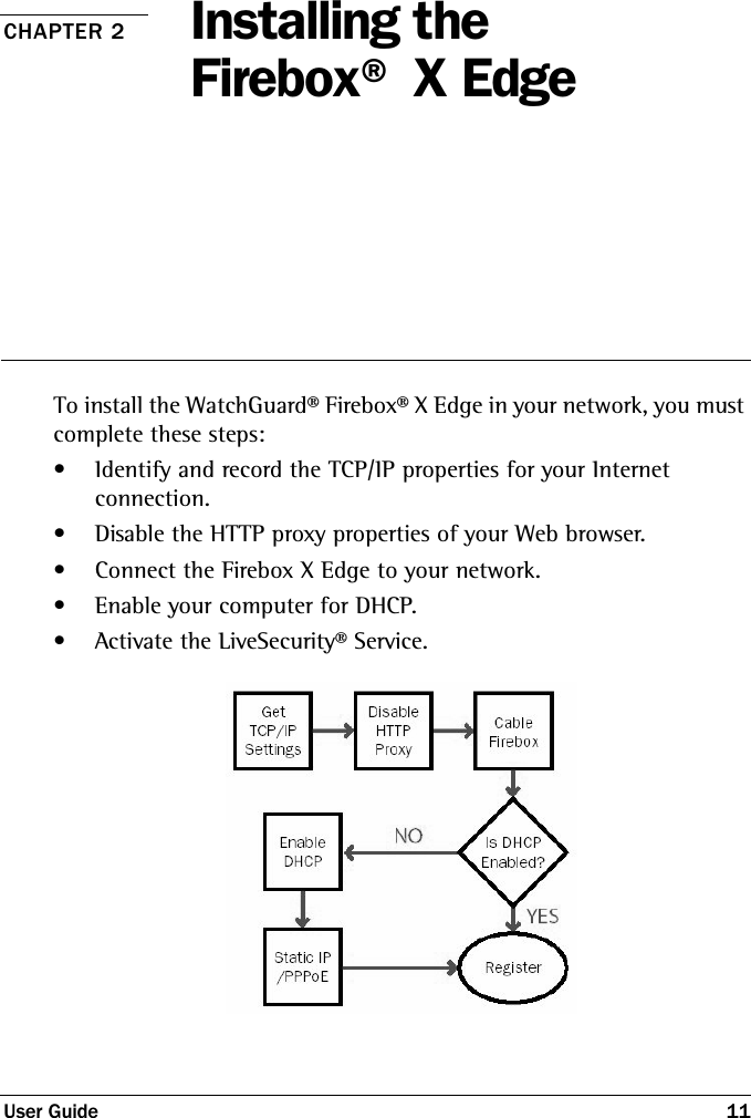 User Guide 11CHAPTER 2 Installing the Firebox® X EdgeTo install the WatchGuard® Firebox® X Edge in your network, you must complete these steps:• Identify and record the TCP/IP properties for your Internet connection.• Disable the HTTP proxy properties of your Web browser.• Connect the Firebox X Edge to your network.• Enable your computer for DHCP.• Activate the LiveSecurity® Service.