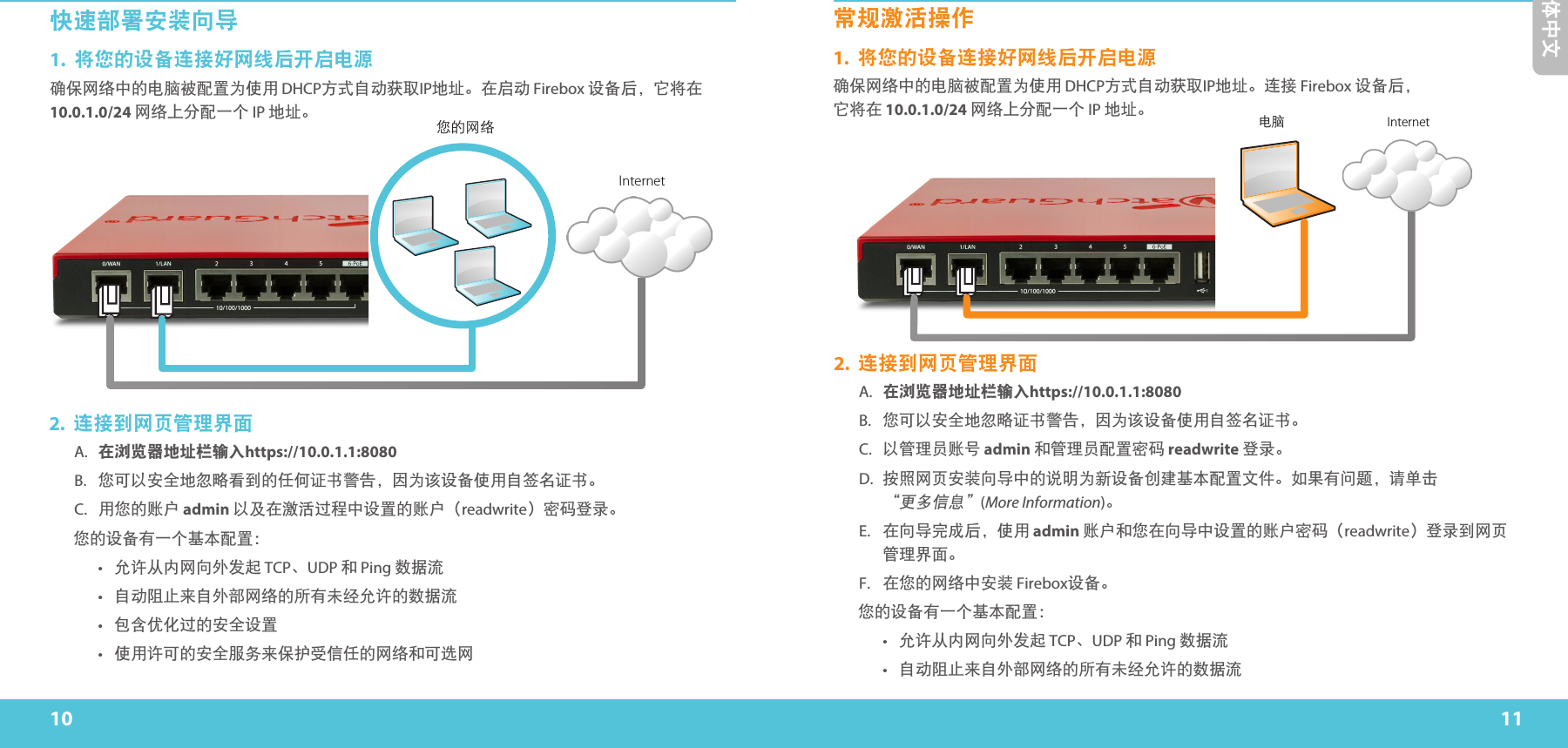 10 11简体中文快速部署安装向导1.  将您的设备连接好网线后开启电源确保网络中的电脑被配置为使用 DHCP方式自动获取IP地址。在启动 Firebox 设备后，它将在 10.0.1.0/24 网络上分配一个 IP 地址。 您的网络Internet2.  连接到网页管理界面A. 在浏览器地址栏输入https://10.0.1.1:8080B.  您可以安全地忽略看到的任何证书警告，因为该设备使用自签名证书。C.  用您的账户 admin 以及在激活过程中设置的账户（readwrite）密码登录。您的设备有一个基本配置：•  允许从内网向外发起 TCP、UDP 和 Ping 数据流•  自动阻止来自外部网络的所有未经允许的数据流•  包含优化过的安全设置•  使用许可的安全服务来保护受信任的网络和可选网常规激活操作1.  将您的设备连接好网线后开启电源确保网络中的电脑被配置为使用 DHCP方式自动获取IP地址。连接 Firebox 设备后， 它将在 10.0.1.0/24 网络上分配一个 IP 地址。 2.  连接到网页管理界面A. 在浏览器地址栏输入https://10.0.1.1:8080B.  您可以安全地忽略证书警告，因为该设备使用自签名证书。C.  以管理员账号 admin 和管理员配置密码 readwrite 登录。D.  按照网页安装向导中的说明为新设备创建基本配置文件。如果有问题，请单击 “更多信息”(More Information)。E.  在向导完成后，使用 admin 账户和您在向导中设置的账户密码（readwrite）登录到网页管理界面。F.  在您的网络中安装 Firebox设备。您的设备有一个基本配置：•  允许从内网向外发起 TCP、UDP 和 Ping 数据流•  自动阻止来自外部网络的所有未经允许的数据流电脑 Internet