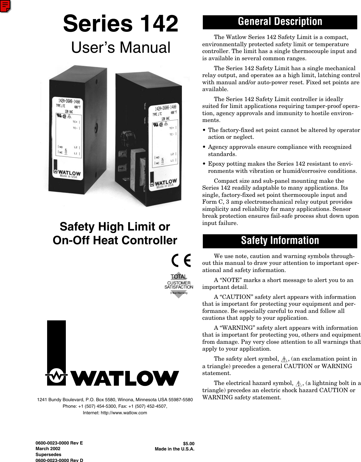 Page 1 of 8 - Watlow-Electric Watlow-Electric-Series-142-Users-Manual- 142AE_E  Watlow-electric-series-142-users-manual