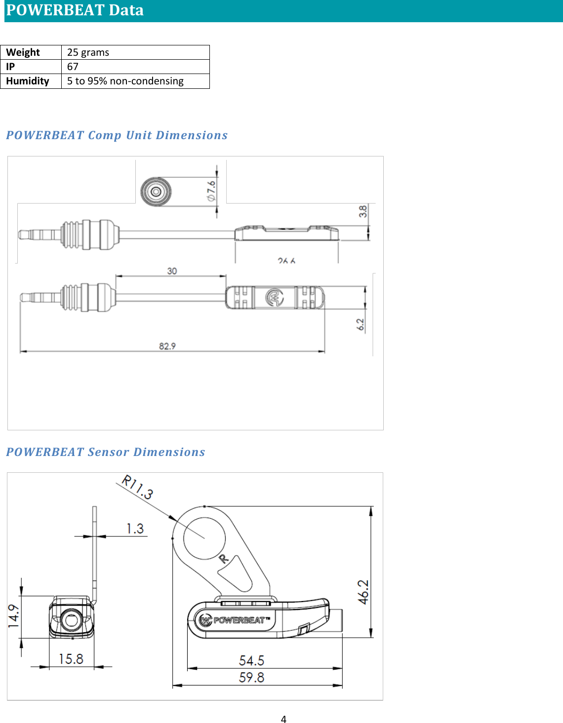 4  POWERBEAT Data     POWERBEAT Comp Unit Dimensions            POWERBEAT Sensor Dimensions   Weight 25 grams IP 67 Humidity 5 to 95% non-condensing  