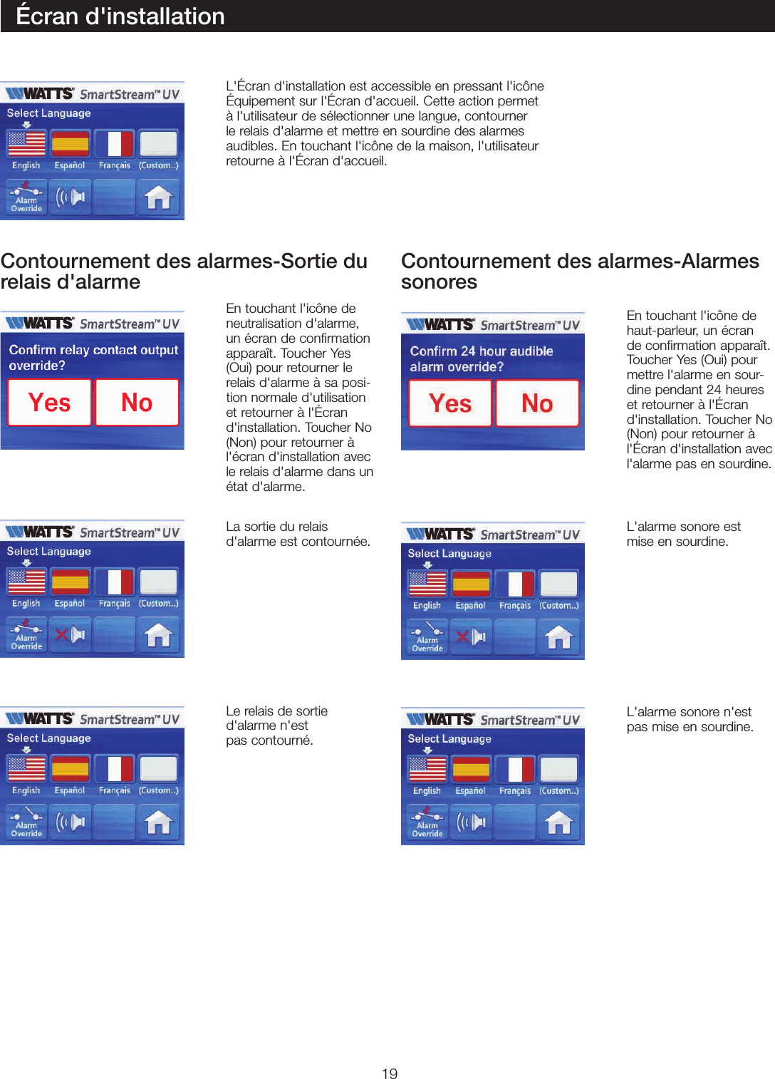 19Écran d&apos;installationL&apos;Écran d&apos;installation est accessible en pressant l&apos;icône Équipement sur l&apos;Écran d&apos;accueil. Cette action permet à l&apos;utilisateur de sélectionner une langue, contourner le relais d&apos;alarme et mettre en sourdine des alarmes audibles. En touchant l&apos;icône de la maison, l&apos;utilisateur retourne à l&apos;Écran d&apos;accueil.En touchant l&apos;icône de neutralisation d&apos;alarme, un écran de confirmation apparaît. Toucher Yes (Oui) pour retourner le relais d&apos;alarme à sa posi-tion normale d&apos;utilisation et retourner à l&apos;Écran d&apos;installation. Toucher No (Non) pour retourner à l&apos;écran d&apos;installation avec le relais d&apos;alarme dans un état d&apos;alarme.En touchant l&apos;icône de haut-parleur, un écran de confirmation apparaît. Toucher Yes (Oui) pour mettre l&apos;alarme en sour-dine pendant 24heures et retourner à l&apos;Écran d&apos;installation. Toucher No (Non) pour retourner à l&apos;Écran d&apos;installation avec l&apos;alarme pas en sourdine.La sortie du relais d&apos;alarme est contournée.L&apos;alarme sonore est mise en sourdine.L&apos;alarme sonore n&apos;est pas mise en sourdine.Le relais de sortie d&apos;alarme n&apos;est pas contourné.Contournement des alarmes-Sortie du relais d&apos;alarme Contournement des alarmes-Alarmes sonores