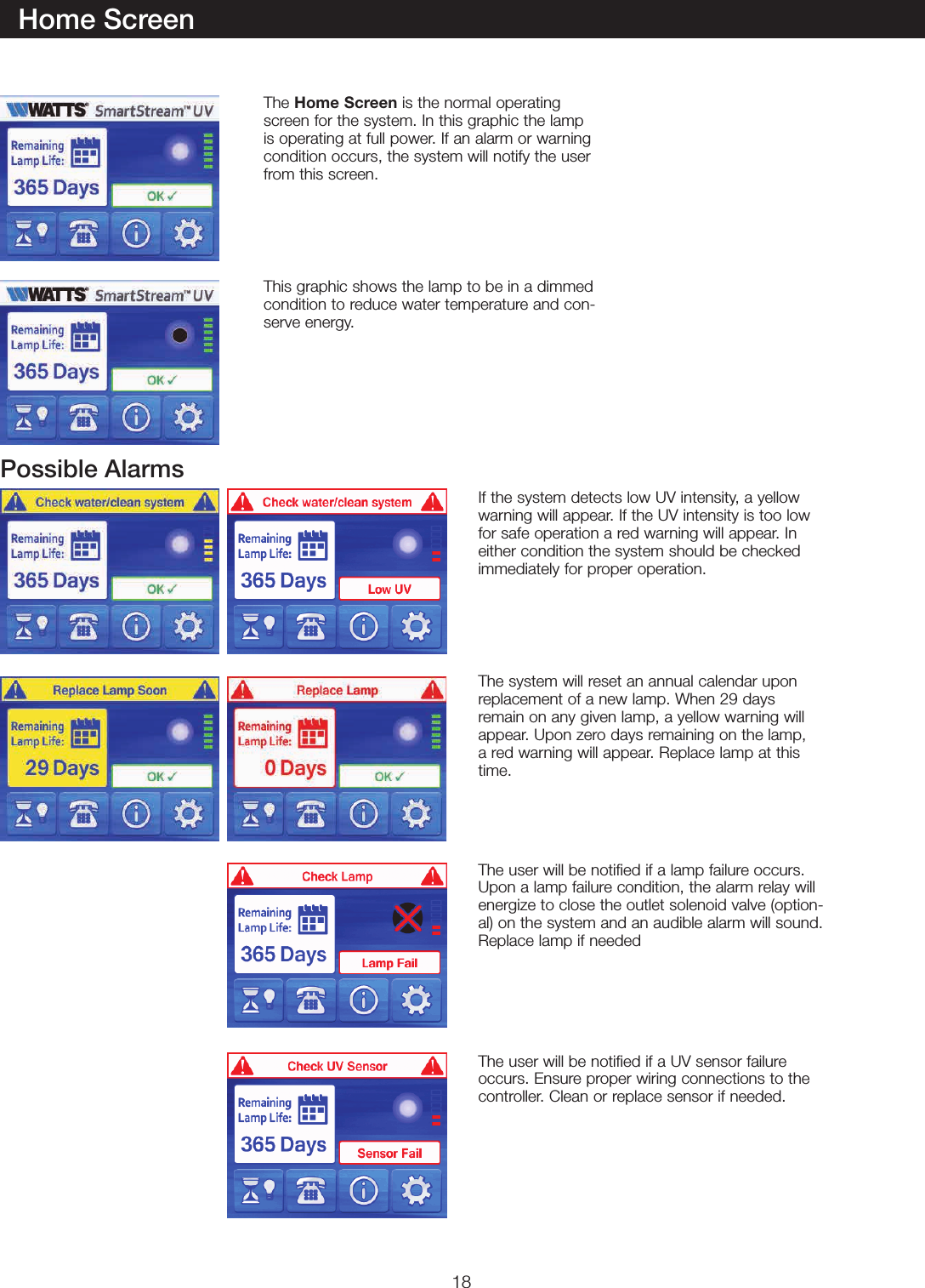 18Home ScreenThe Home Screen is the normal operating screen for the system. In this graphic the lamp is operating at full power. If an alarm or warning condition occurs, the system will notify the user from this screen.This graphic shows the lamp to be in a dimmed condition to reduce water temperature and con-serve energy.If the system detects low UV intensity, a yellow warning will appear. If the UV intensity is too low for safe operation a red warning will appear. In either condition the system should be checked immediately for proper operation.The system will reset an annual calendar upon replacement of a new lamp. When 29 days remain on any given lamp, a yellow warning will appear. Upon zero days remaining on the lamp, a red warning will appear. Replace lamp at this time.The user will be notified if a lamp failure occurs. Upon a lamp failure condition, the alarm relay will energize to close the outlet solenoid valve (option-al) on the system and an audible alarm will sound. Replace lamp if neededThe user will be notified if a UV sensor failure occurs. Ensure proper wiring connections to the controller. Clean or replace sensor if needed.Possible Alarms