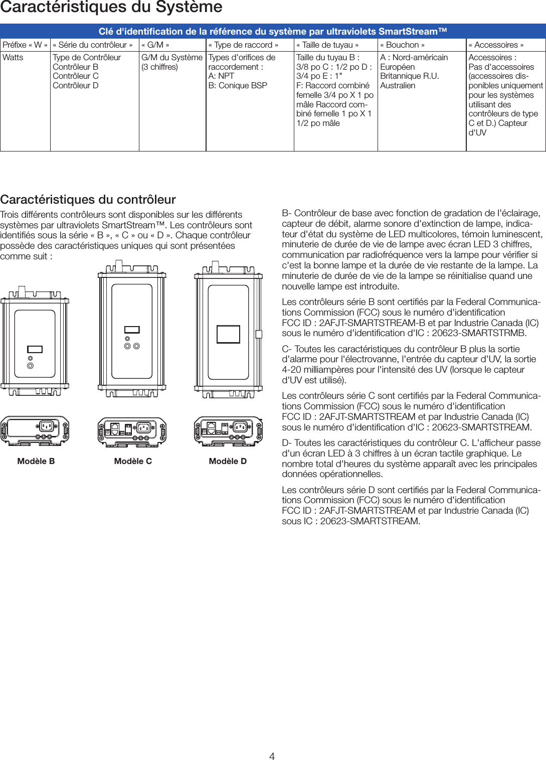 4Caractéristiques du SystèmeB- Contrôleur de base avec fonction de gradation de l&apos;éclairage, capteur de débit, alarme sonore d&apos;extinction de lampe, indica-teur d&apos;état du système de LED multicolores, témoin luminescent, minuterie de durée de vie de lampe avec écran LED 3chiffres, communication par radiofréquence vers la lampe pour vériﬁer si c&apos;est la bonne lampe et la durée de vie restante de la lampe. La minuterie de durée de vie de la lampe se réinitialise quand une nouvelle lampe est introduite. Les contrôleurs sérieB sont certiﬁés par la Federal Communica-tions Commission (FCC) sous le numéro d&apos;identiﬁcation  FCC ID: 2AFJT-SMARTSTREAM-B et par Industrie Canada (IC) sous le numéro d&apos;identiﬁcation d&apos;IC: 20623-SMARTSTRMB.C- Toutes les caractéristiques du contrôleur B plus la sortie d&apos;alarme pour l&apos;électrovanne, l&apos;entrée du capteur d&apos;UV, la sortie 4-20milliampères pour l&apos;intensité des UV (lorsque le capteur d&apos;UV est utilisé).Les contrôleurs sérieC sont certiﬁés par la Federal Communica-tions Commission (FCC) sous le numéro d&apos;identiﬁcation  FCC ID: 2AFJT-SMARTSTREAM et par Industrie Canada (IC) sous le numéro d&apos;identiﬁcation d&apos;IC: 20623-SMARTSTREAM.D- Toutes les caractéristiques du contrôleur C. L&apos;afﬁcheur passe d&apos;un écran LED à 3chiffres à un écran tactile graphique. Le nombre total d&apos;heures du système apparaît avec les principales données opérationnelles. Les contrôleurs sérieD sont certiﬁés par la Federal Communica-tions Commission (FCC) sous le numéro d&apos;identiﬁcation  FCC ID: 2AFJT-SMARTSTREAM et par Industrie Canada (IC) sous IC: 20623-SMARTSTREAM.Caractéristiques du contrôleurTrois différents contrôleurs sont disponibles sur les différents systèmes par ultraviolets SmartStream™. Les contrôleurs sont identiﬁés sous la série «B», «C» ou «D». Chaque contrôleur possède des caractéristiques uniques qui sont présentées comme suit:ModèleB ModèleC ModèleDClé d&apos;identiﬁcation de la référence du système par ultraviolets SmartStream™Préﬁxe «W» «Série du contrôleur» «G/M» «Type de raccord» «Taille de tuyau» «Bouchon» «Accessoires»Watts Type de Contrôleur Contrôleur B  ContrôleurC  ContrôleurDG/M du Système (3chiffres)Types d&apos;oriﬁces de raccordement:  A: NPT B: Conique BSPTaille du tuyau B: 3/8po C: 1/2po D: 3/4po E: 1&quot; F: Raccord combiné femelle 3/4po X 1po mâle Raccord com-biné femelle 1po X 1 1/2po mâleA: Nord-américain Européen  Britannique R.U.  AustralienAccessoires:  Pas d&apos;accessoires (accessoires dis-ponibles uniquement pour les systèmes utilisant des  contrôleurs de type C et D.) Capteur d&apos;UV