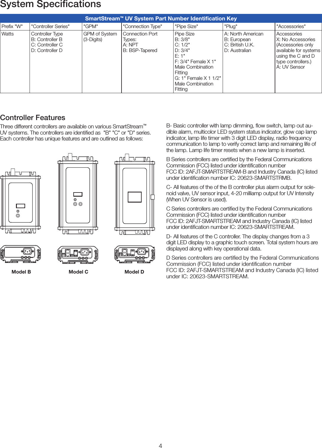 4System SpeciﬁcationsB- Basic controller with lamp dimming, ﬂow switch, lamp out au-dible alarm, multicolor LED system status indicator, glow cap lamp indicator, lamp life timer with 3 digit LED display, radio frequency communication to lamp to verify correct lamp and remaining life of the lamp. Lamp life timer resets when a new lamp is inserted. B Series controllers are certiﬁed by the Federal Communications Commission (FCC) listed under identiﬁcation number  FCC ID: 2AFJT-SMARTSTREAM-B and Industry Canada (IC) listed under identiﬁcation number IC: 20623-SMARTSTRMB.C- All features of the of the B controller plus alarm output for sole-noid valve, UV sensor input, 4-20 milliamp output for UV Intensity (When UV Sensor is used).C Series controllers are certiﬁed by the Federal Communications Commission (FCC) listed under identiﬁcation number  FCC ID: 2AFJT-SMARTSTREAM and Industry Canada (IC) listed under identiﬁcation number IC: 20623-SMARTSTREAM.D- All features of the C controller. The display changes from a 3 digit LED display to a graphic touch screen. Total system hours are displayed along with key operational data. D Series controllers are certiﬁed by the Federal Communications Commission (FCC) listed under identiﬁcation number  FCC ID: 2AFJT-SMARTSTREAM and Industry Canada (IC) listed under IC: 20623-SMARTSTREAM.Controller FeaturesThree different controllers are available on various SmartStream™ UV systems. The controllers are identiﬁed as  &quot;B&quot; &quot;C&quot; or &quot;D&quot; series.  Each controller has unique features and are outlined as follows:Model B Model C Model DSmartStream™ UV System Part Number Identiﬁcation KeyPreﬁx &quot;W&quot; &quot;Controller Series&quot; &quot;GPM&quot; &quot;Connection Type&quot; &quot;Pipe Size&quot; &quot;Plug&quot; &quot;Accessories&quot;Watts Controller Type B: Controller B C: Controller C D: Controller DGPM of System (3-Digits)Connection Port Types: A: NPT B: BSP-TaperedPipe Size  B: 3/8&quot; C: 1/2&quot; D: 3/4&quot;  E: 1&quot; F: 3/4&quot; Female X 1&quot; Male Combination Fitting  G: 1&quot; Female X 1 1/2&quot; Male Combination FittingA: North American B: European C: British U.K. D: AustralianAccessories X: No Accessories  (Accessories only available for systems using the C and D type controllers.) A: UV Sensor