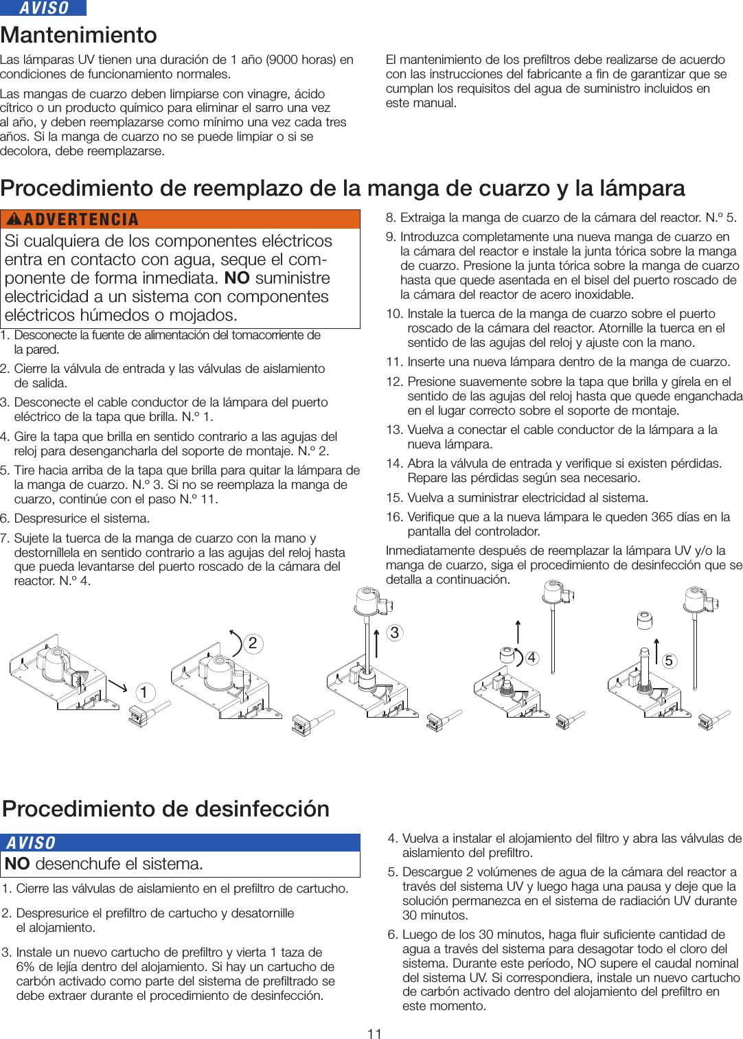 11MantenimientoLas lámparas UV tienen una duración de 1 año (9000 horas) en condiciones de funcionamiento normales.Las mangas de cuarzo deben limpiarse con vinagre, ácido  cítrico o un producto químico para eliminar el sarro una vez  al año, y deben reemplazarse como mínimo una vez cada tres años. Si la manga de cuarzo no se puede limpiar o si se  decolora, debe reemplazarse. El mantenimiento de los prefiltros debe realizarse de acuerdo con las instrucciones del fabricante a fin de garantizar que se cumplan los requisitos del agua de suministro incluidos en  este manual. Procedimiento de reemplazo de la manga de cuarzo y la lámpara1.  Desconecte la fuente de alimentación del tomacorriente de  la pared.2.  Cierre la válvula de entrada y las válvulas de aislamiento  de salida.3.  Desconecte el cable conductor de la lámpara del puerto  eléctrico de la tapa que brilla. N.º 1.4.  Gire la tapa que brilla en sentido contrario a las agujas del reloj para desengancharla del soporte de montaje. N.º 2.5.  Tire hacia arriba de la tapa que brilla para quitar la lámpara de la manga de cuarzo. N.º 3. Si no se reemplaza la manga de cuarzo, continúe con el paso N.º 11. 6.  Despresurice el sistema. 7.  Sujete la tuerca de la manga de cuarzo con la mano y destorníllela en sentido contrario a las agujas del reloj hasta que pueda levantarse del puerto roscado de la cámara del reactor. N.º 4.8.  Extraiga la manga de cuarzo de la cámara del reactor. N.º 5.9.  Introduzca completamente una nueva manga de cuarzo en la cámara del reactor e instale la junta tórica sobre la manga de cuarzo. Presione la junta tórica sobre la manga de cuarzo hasta que quede asentada en el bisel del puerto roscado de la cámara del reactor de acero inoxidable.10.  Instale la tuerca de la manga de cuarzo sobre el puerto roscado de la cámara del reactor. Atornille la tuerca en el sentido de las agujas del reloj y ajuste con la mano. 11. Inserte una nueva lámpara dentro de la manga de cuarzo.12.  Presione suavemente sobre la tapa que brilla y gírela en el sentido de las agujas del reloj hasta que quede enganchada en el lugar correcto sobre el soporte de montaje.13.  Vuelva a conectar el cable conductor de la lámpara a la nueva lámpara.14.  Abra la válvula de entrada y verifique si existen pérdidas. Repare las pérdidas según sea necesario. 15. Vuelva a suministrar electricidad al sistema.16.  Verifique que a la nueva lámpara le queden 365 días en la pantalla del controlador.Inmediatamente después de reemplazar la lámpara UV y/o la manga de cuarzo, siga el procedimiento de desinfección que se detalla a continuación.13452Procedimiento de desinfección1. Cierre las válvulas de aislamiento en el prefiltro de cartucho. 2.  Despresurice el prefiltro de cartucho y desatornille  el alojamiento. 3.  Instale un nuevo cartucho de prefiltro y vierta 1 taza de  6% de lejía dentro del alojamiento. Si hay un cartucho de  carbón activado como parte del sistema de prefiltrado se debe extraer durante el procedimiento de desinfección.4.  Vuelva a instalar el alojamiento del filtro y abra las válvulas de aislamiento del prefiltro.5.  Descargue 2 volúmenes de agua de la cámara del reactor a través del sistema UV y luego haga una pausa y deje que la solución permanezca en el sistema de radiación UV durante 30 minutos.6.  Luego de los 30 minutos, haga fluir suficiente cantidad de agua a través del sistema para desagotar todo el cloro del sistema. Durante este período, NO supere el caudal nominal del sistema UV. Si correspondiera, instale un nuevo cartucho de carbón activado dentro del alojamiento del prefiltro en  este momento.AVISOSi cualquiera de los componentes eléctricos entra en contacto con agua, seque el com-ponente de forma inmediata. NO suministre electricidad a un sistema con componentes eléctricos húmedos o mojados. NO desenchufe el sistema. AVISOADVERTENCIA!